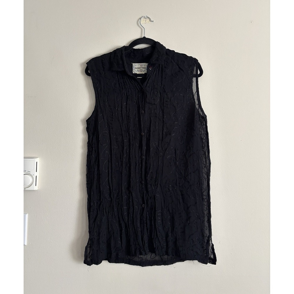 Vintage Rosettes Button Up Shirt Tunic Whimsigoth Y2K Medium Black Sheer Goth